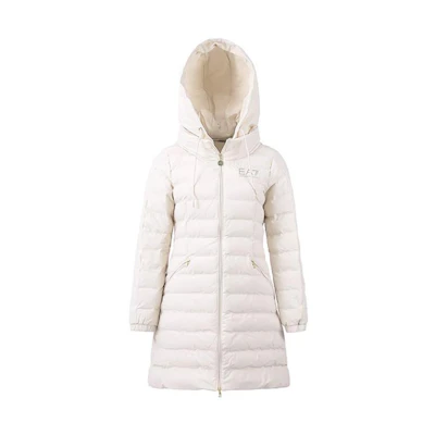 (Women) Emporio Armani EA7 Hooded Cotton Coat Logo Print Beige Outerwear 6LTL01-TN5VZ-0720