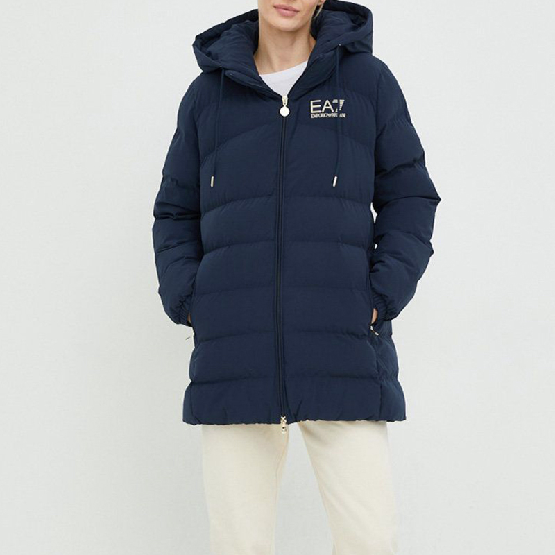 Shop (W) 엠포리오 아르마니 EA7 네이비 로고 프린트 미드랭스 후드 자켓. 6LTL01-TN5VZ-0554