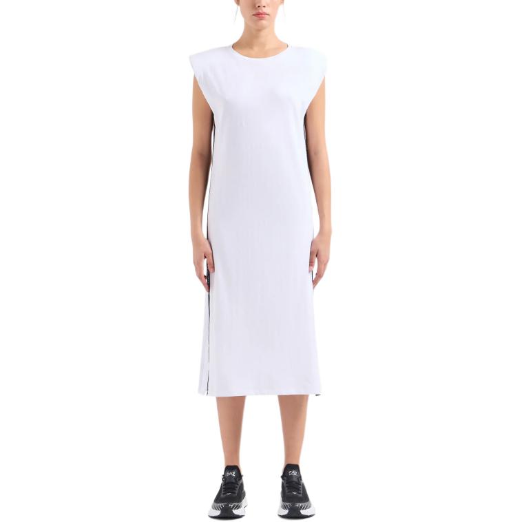Lookbook (W) 엠포리오 아르마니 EA7 화이트 로고 프린트 크루넥 미디 티셔츠 원피스. 3DTA61-TJ6SZ-1100