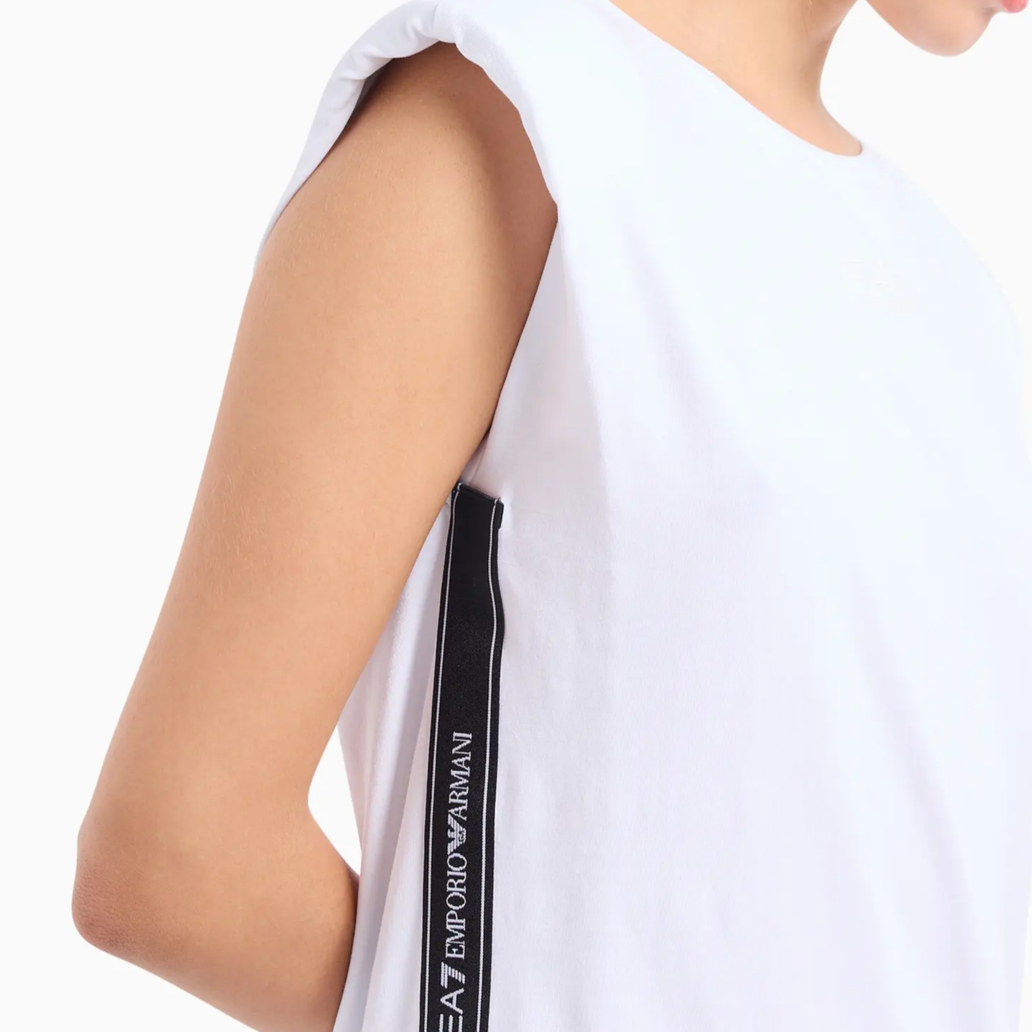 Details for (W) 엠포리오 아르마니 EA7 화이트 로고 프린트 크루넥 미디 티셔츠 원피스. 3DTA61-TJ6SZ-1100
