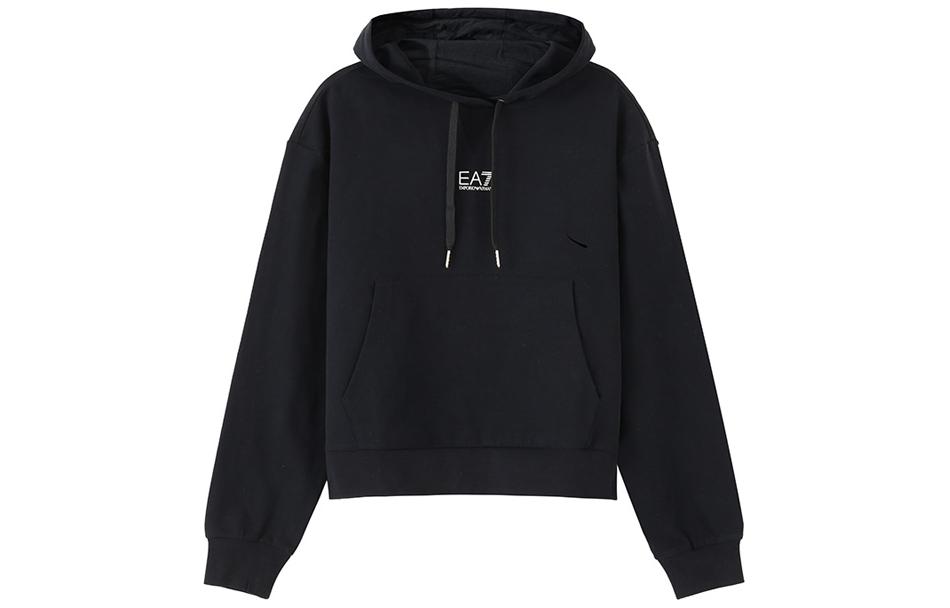 Order (W) Emporio Armani EA7 FW23 Hoodie Hitam dengan Print Huruf. 6RTM05-TJCQZ-1200