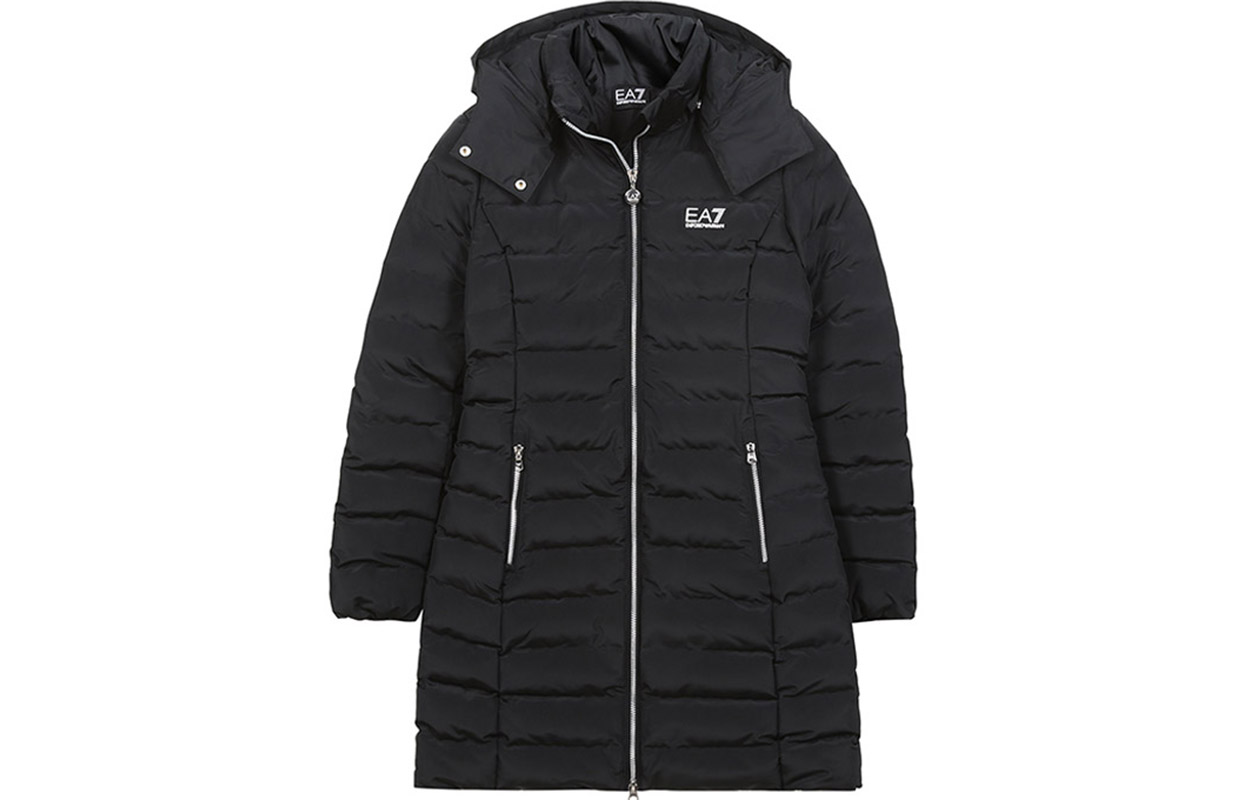 (Women) Emporio Armani EA7 Letter Print Long Hooded Cotton Coat Black 6HTL05-TN8AZ-1200