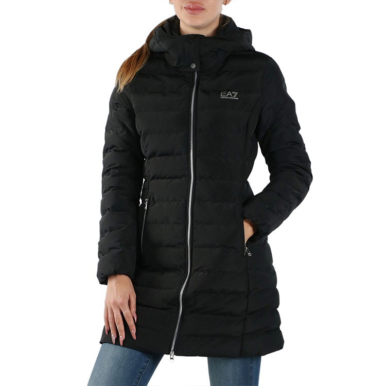 Shop (W) エンポリオ アルマーニ EA7 レタープリント ロングフード コットンコート ブラック 6HTL05-TN8AZ-1200