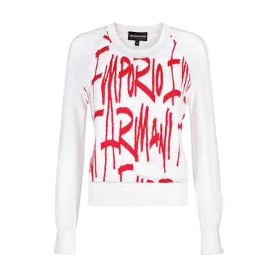 (Women) EMPORIO ARMANI FW21 Graffiti Logo White Crewneck Sweatshirt. 6K2MTZ-2M40Z-F159