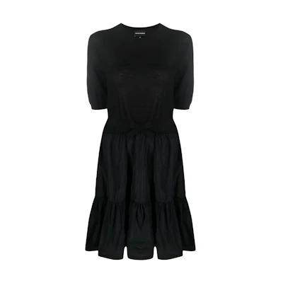 (Women) EMPORIO ARMANI FW22 Black Layered Cotton Short Sleeve Dress. 6L2AYC-2MB4Z-0999
