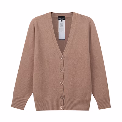 (Women) EMPORIO ARMANI FW22 Camel V-Neck Cashmere Cardigan with Eagle Logo. 8N2MW1-2MA1Z-0137