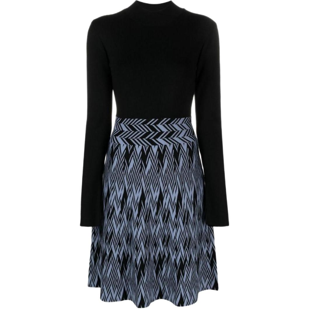 (Women) EMPORIO ARMANI FW22  Herringbone Pattern Print Long Sleeve Dress Black 6L2AT4-2M02Z-0999