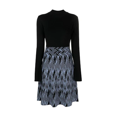 (Women) EMPORIO ARMANI FW22 Herringbone Pattern Print Long Sleeve Dress Black 6L2AT4-2M02Z-0999