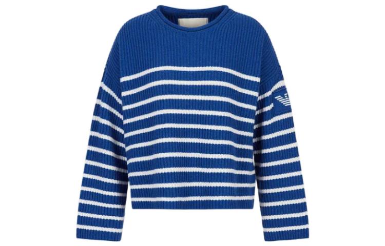 Order (Women) EMPORIO ARMANI FW22  Knit Crewneck Sweater Contrast Stripes Blue 6L2MXZ2-M82Z1-F133