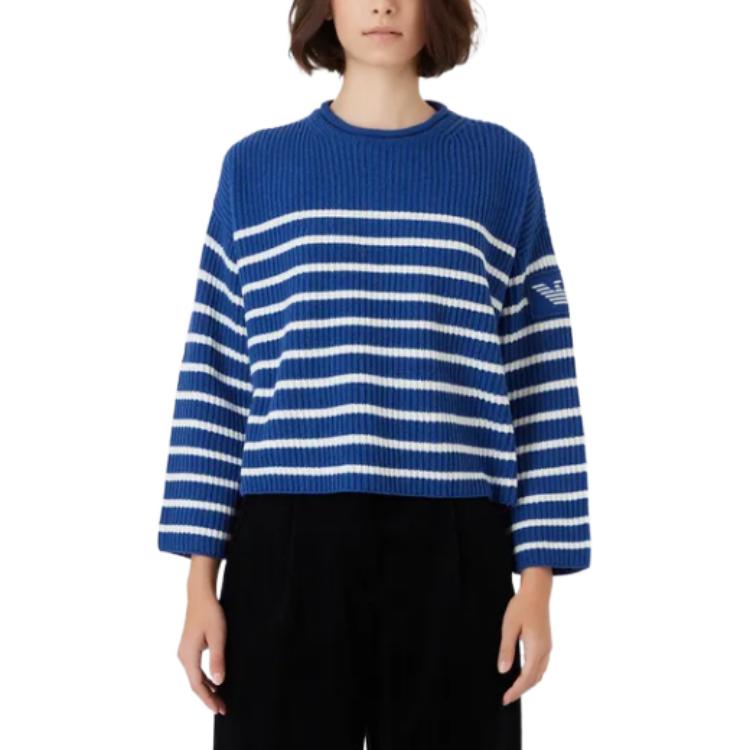 Shop (Women) EMPORIO ARMANI FW22  Knit Crewneck Sweater Contrast Stripes Blue 6L2MXZ2-M82Z1-F133
