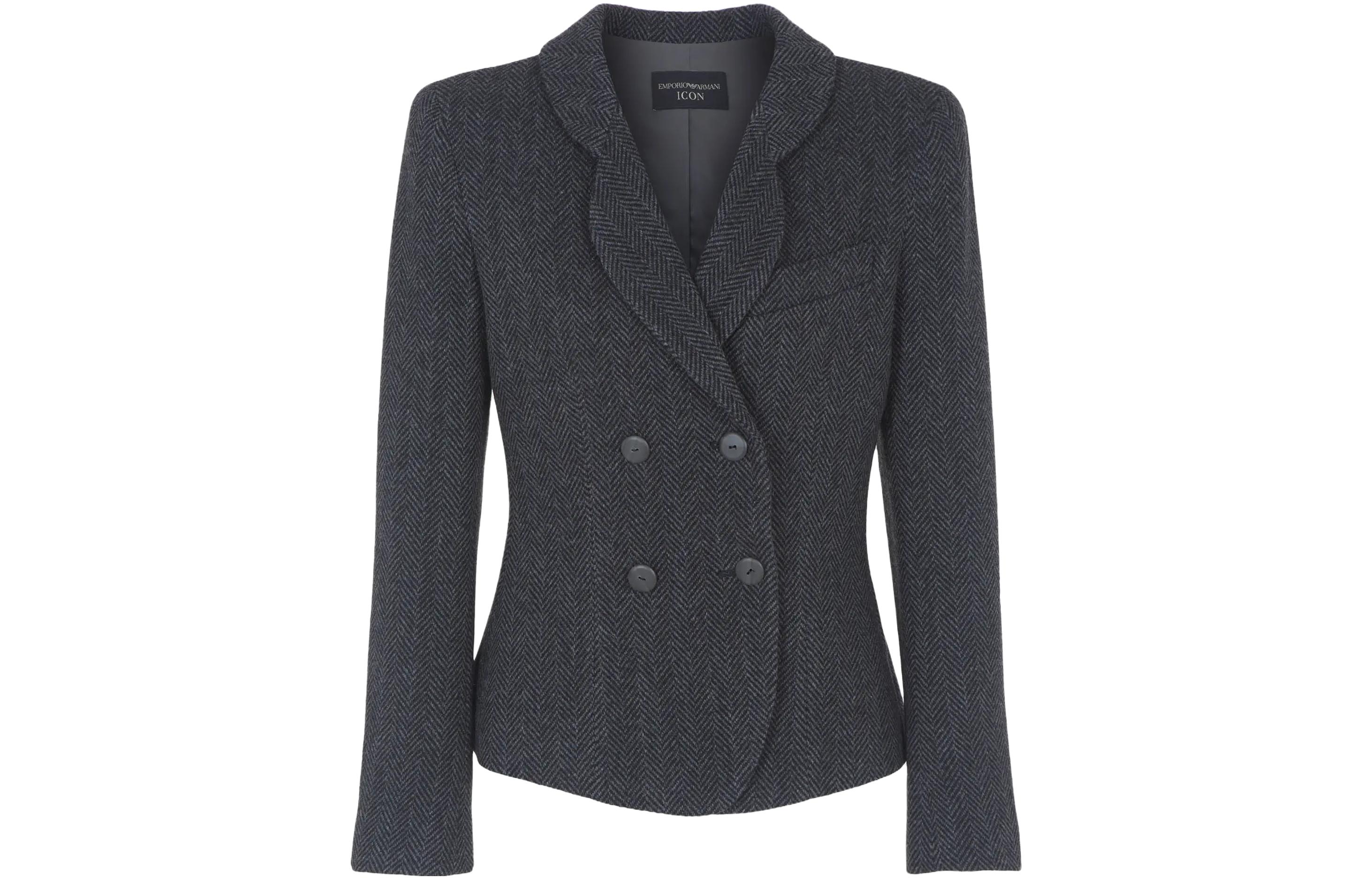 (Women) Emporio Armani FW23  Herringbone Double-Breasted Blazer Dark Gray. H4NG21-E2113-016