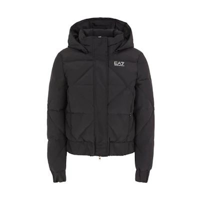 (Women) Emporio Armani FW23 EA7 Black Quilted Hoodie Jacket with Logo Print 6RTB02-TN8AZ-1200