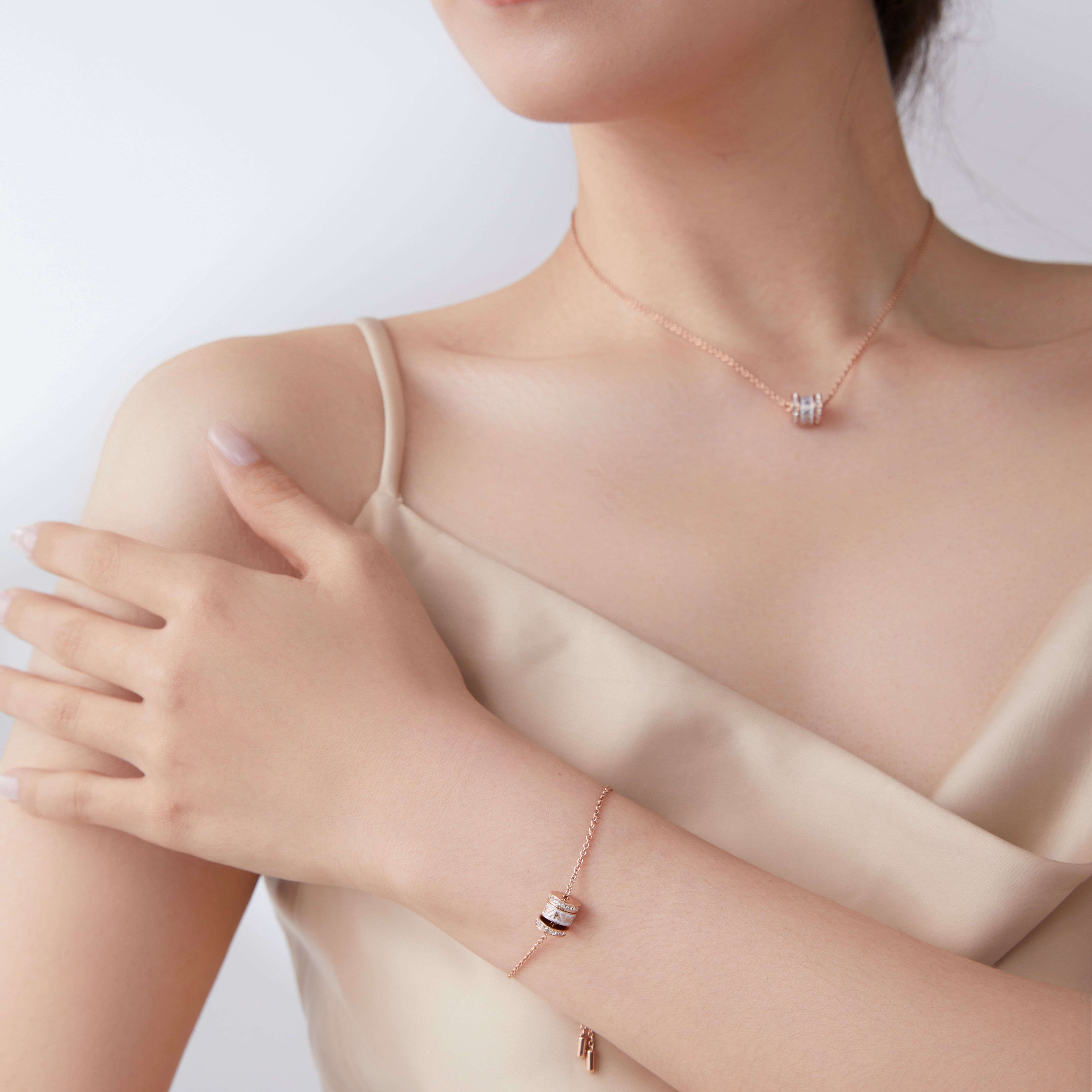 Shop (Women) Emporio Armani Rose Gold  Necklace with White Beads & Rhinestone Design. EGS2973221