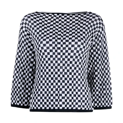 (Women) Emporio Armani SS22 Black White Plaid Knit Crewneck Sweater. 3L2MT82M25ZF911