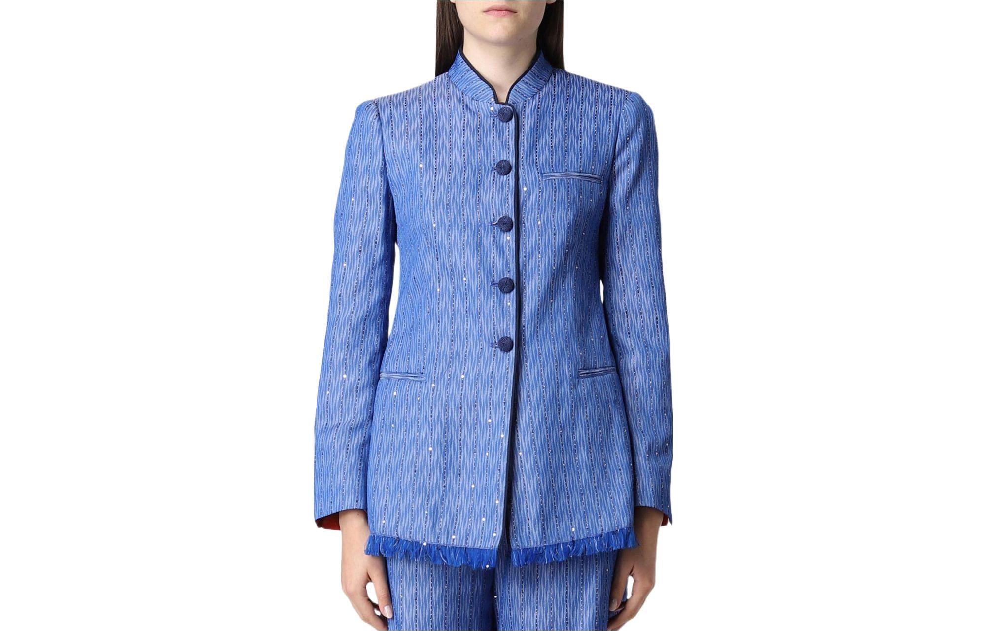 Order (W) EMPORIO ARMANI SS22 蓝色亮片条纹单排扣西装外套 ING2CT-I2171-017