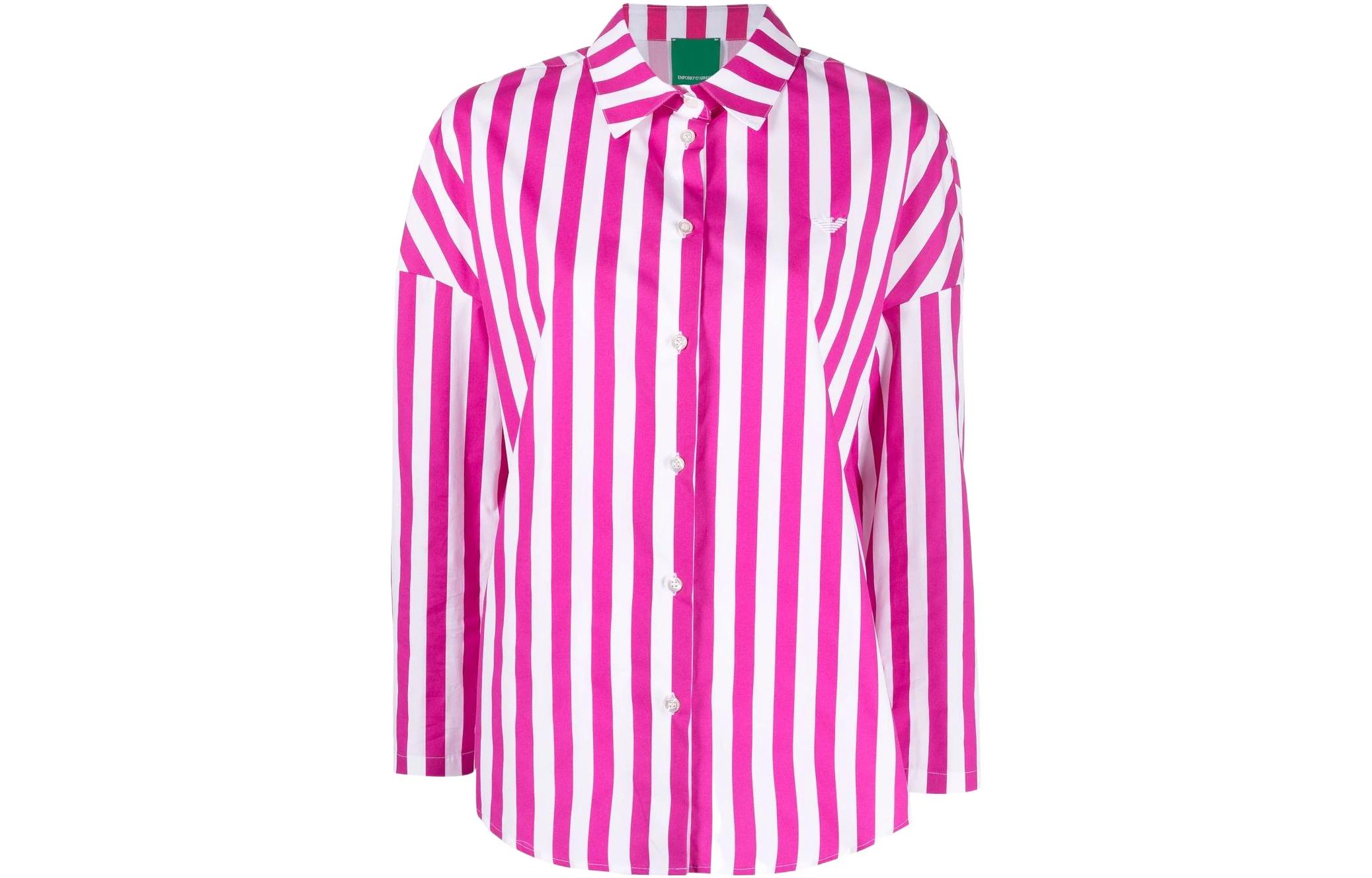 (Women) Emporio Armani SS22 Striped Colorblock Cotton Long Sleeve Shirt Women. 3L2CB32NF0Z-F115