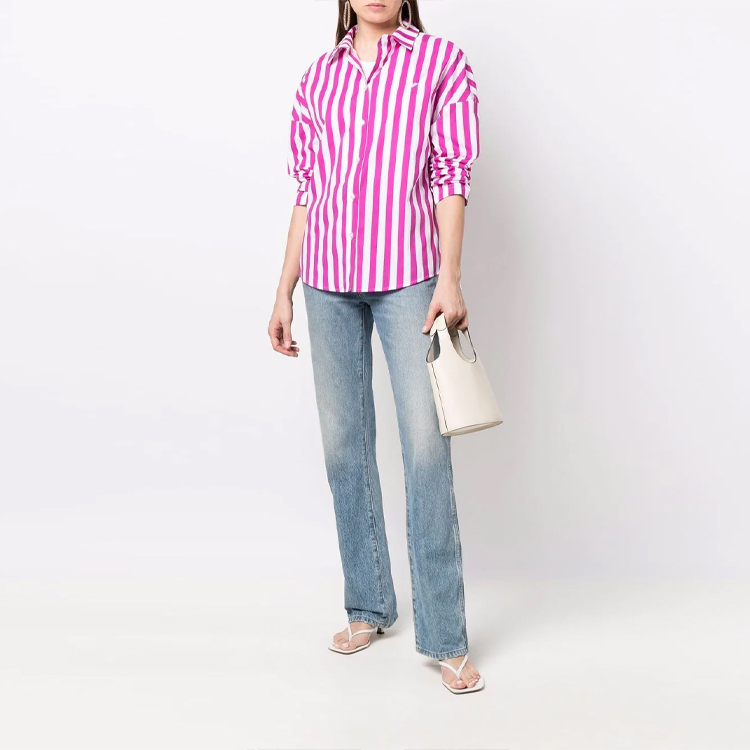 Lookbook (Women) Emporio Armani SS22 Striped Colorblock Cotton Long Sleeve Shirt Women. 3L2CB32NF0Z-F115