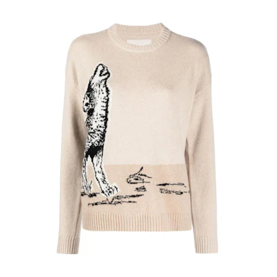 (Women) Emporio Armani SS23 Crewneck Knit Sweater Wolf Design Off-White. 6L2MXV-2M83Z-F130