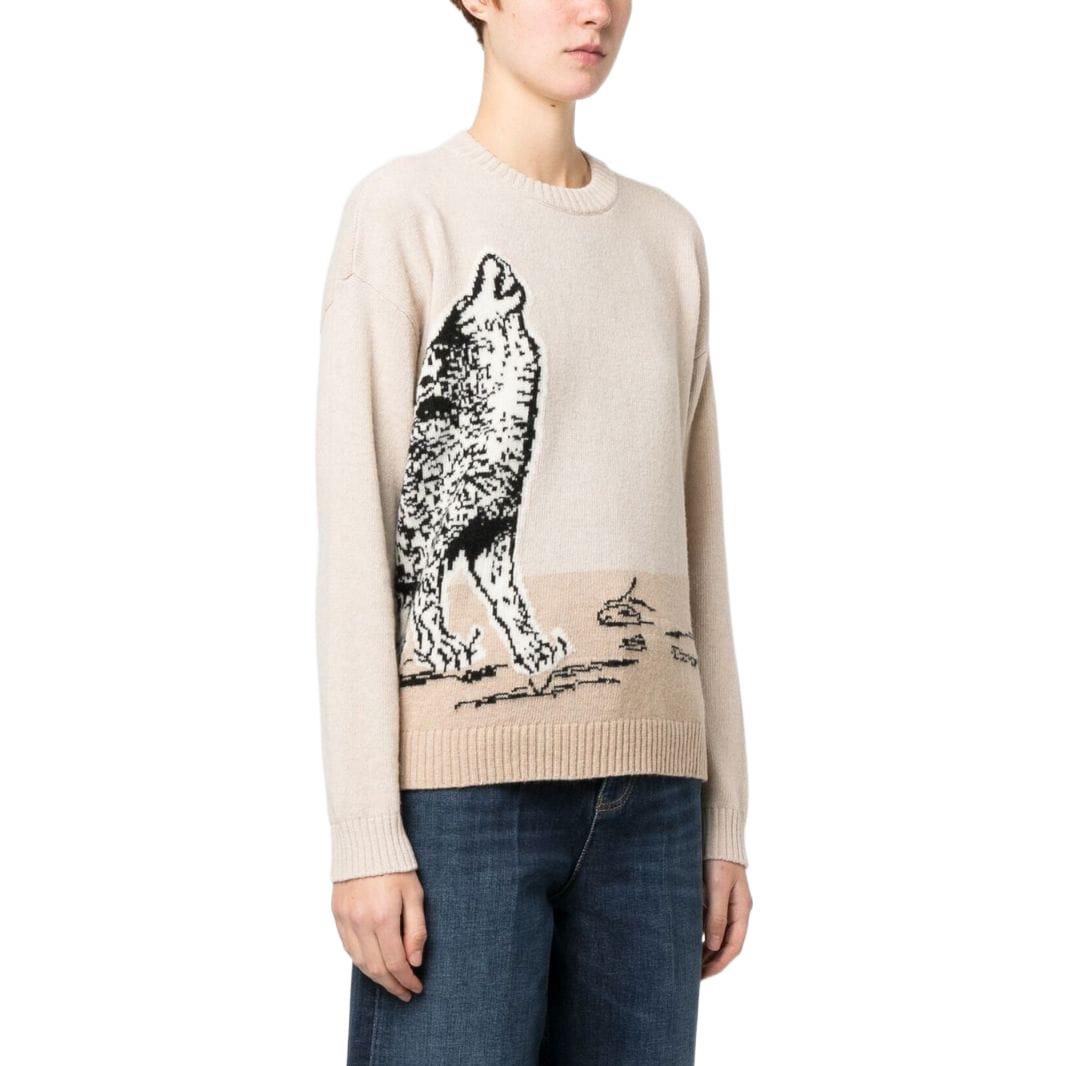 Purchase (Women) Emporio Armani SS23  Crewneck Knit Sweater Wolf Design Off-White. 6L2MXV-2M83Z-F130