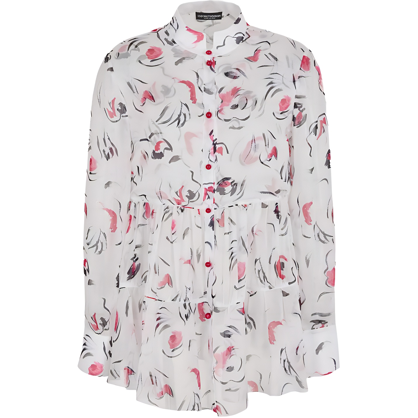 (Women) EMPORIO ARMANI SS23  White Loose Fit Printed Ruffle Long Sleeve Shirt. H4NC15-E2500-1010