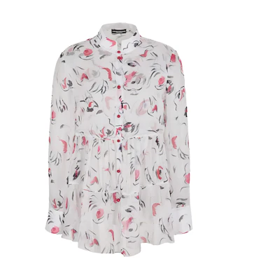 (Women) EMPORIO ARMANI SS23 White Loose Fit Printed Ruffle Long Sleeve Shirt. H4NC15-E2500-1010