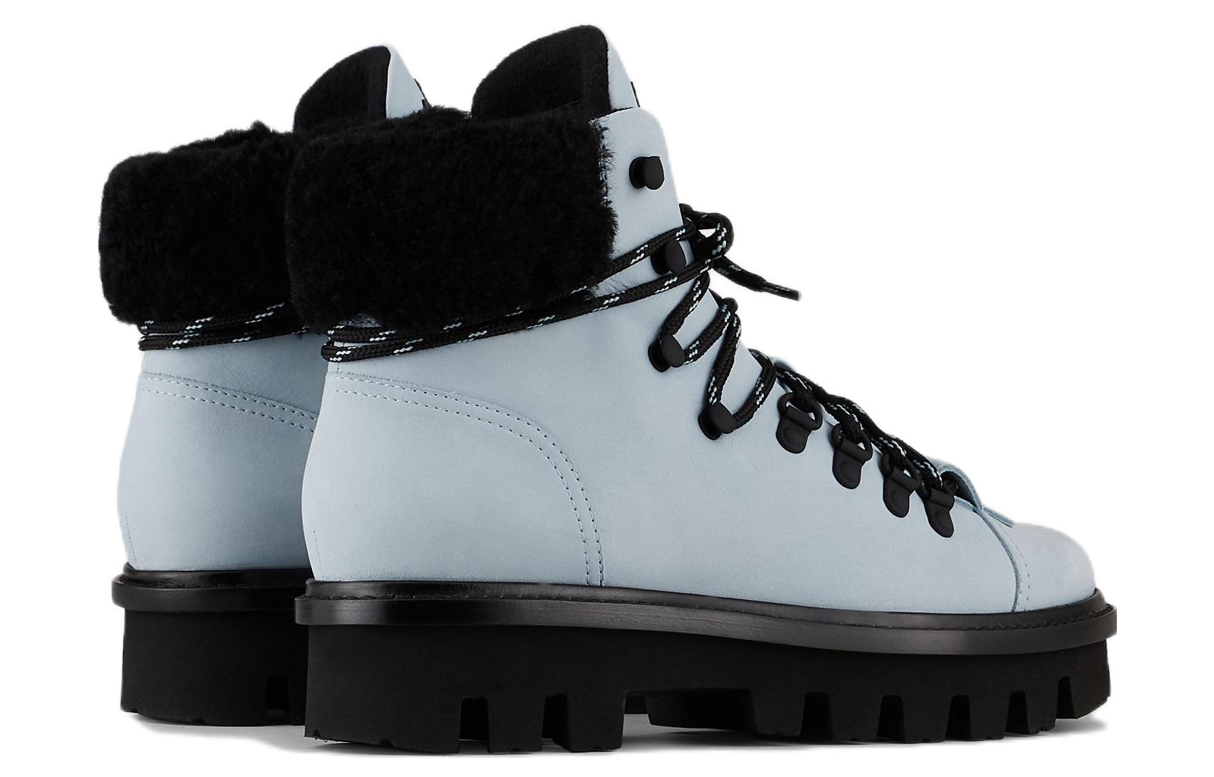 Shop EMPORIO ARMANI阿瑪尼 絨面 圓頭繫帶 時尚短靴 女款 藍色