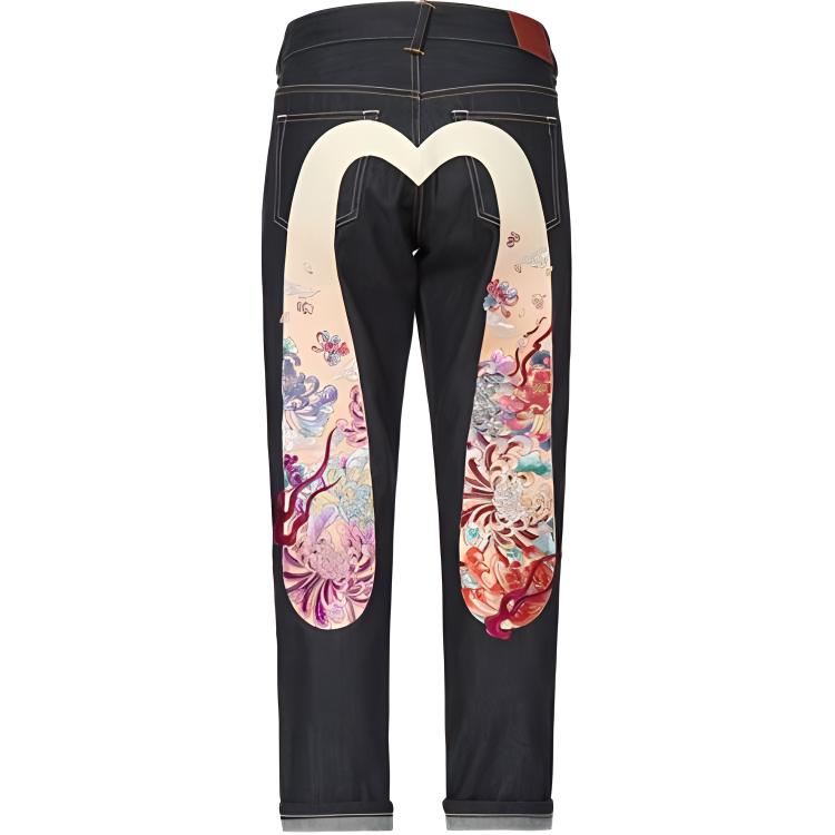 (Women) EVISU  Black Floral Embroidered Zipper Denim Jeans. 2EAHTW1JE953BFCT