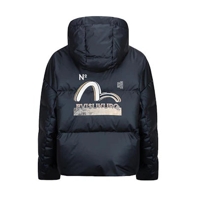(Women) EVISU Black Hooded Down Jacket with Jacquard Pattern & Seagull Embroidery. 2EAGNW1NJ240FFPL