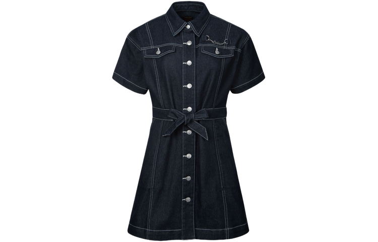 (Women) EVISU  Denim Blue Seagull Embroidered Oversized Short-Sleeve Dress Shirt. 2ESHTW4DR4102LFDP