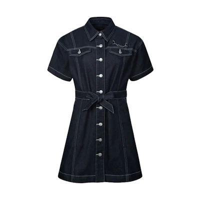 (Women) EVISU Denim Blue Seagull Embroidered Oversized Short-Sleeve Dress Shirt. 2ESHTW4DR4102LFDP