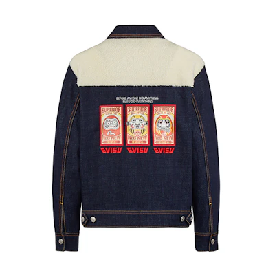 (Women) EVISU Denim Jacket with Fleece Patchwork and Triple Daruma Poster Design. 2EAHTW0DJ223LF