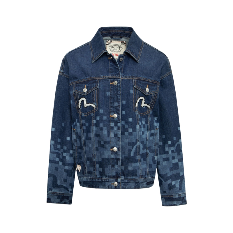 (Women) EVISU  Denim Jacket with Seagull Embroidery and Plaid Design - Fall/Winter 2024. 2EAHTW4DJ4032OSDN