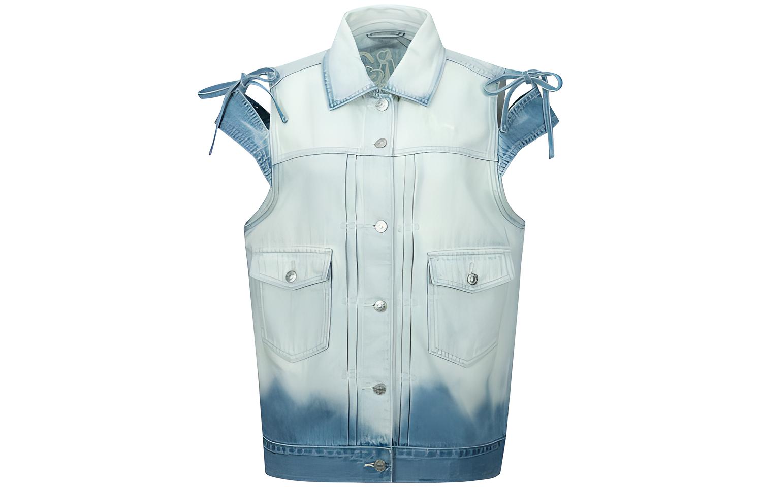 (Women) EVISU  Denim Pocket Vest with Drawstring Collar in Blue. 2ESHTW3VS734OSDN