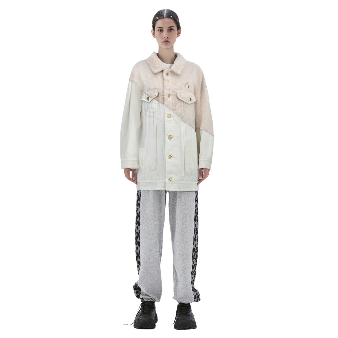 (Women) EVISU  Patchwork Fleece Denim Jacket Bone White. 2EAGNW1DJ789OSDS 圖 4