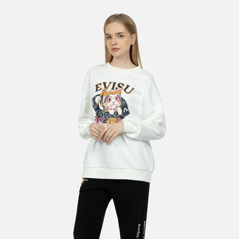 Shop (W) Sudadera EVISU con estampado de Logo Gato de la Suerte. 2ESHTW3SW333OSCT