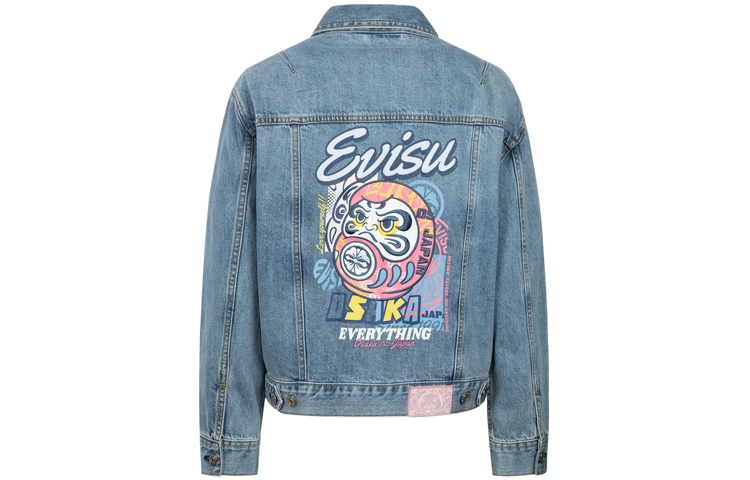 (Women) EVISU AW23  Daruma Patch Wide Denim Jacket in Blue. 2EAHTW3DJ4052LFCT