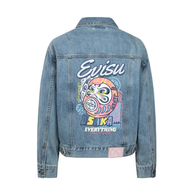 (Women) EVISU AW23 Daruma Patch Wide Denim Jacket in Blue. 2EAHTW3DJ4052LFCT