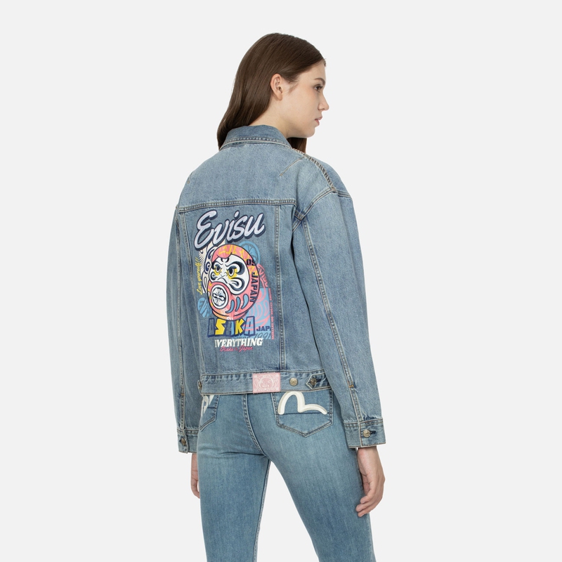 (Women) EVISU AW23  Daruma Patch Wide Denim Jacket in Blue. 2EAHTW3DJ4052LFCT 圖 5