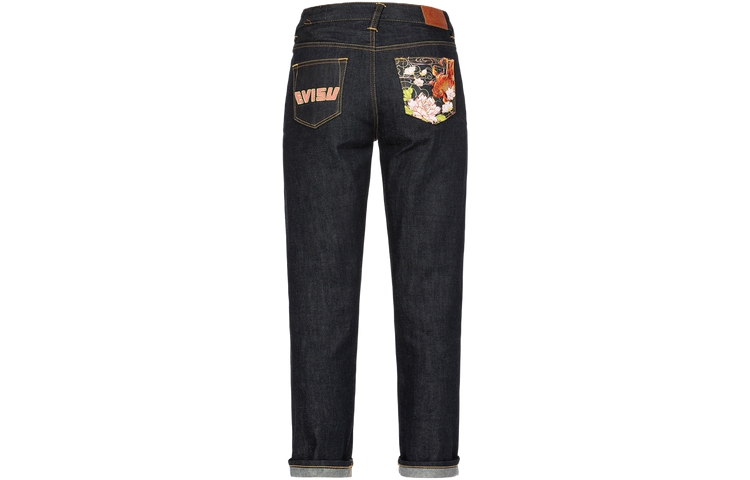 (Women) EVISU AW23  Denim Blue Jeans with Goldfish & Floral Embroidered Pocket. 2EAHTW3JE4014STCT
