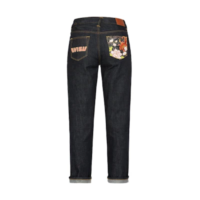 (Women) EVISU AW23 Denim Blue Jeans with Goldfish & Floral Embroidered Pocket. 2EAHTW3JE4014STCT