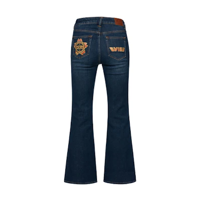 (Women) EVISU AW23 Flared Jeans in Denim Blue with Embroidered Patch Design 2EAHTW3JE4019BTCX