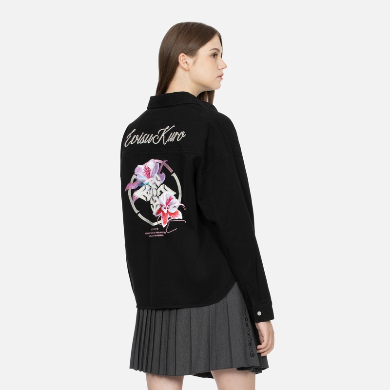 Shop (W) EVISU AW23 Jaket Kemeja Hitam Oversized Bordir Bunga 2EAGNW3SJ6074BZCT