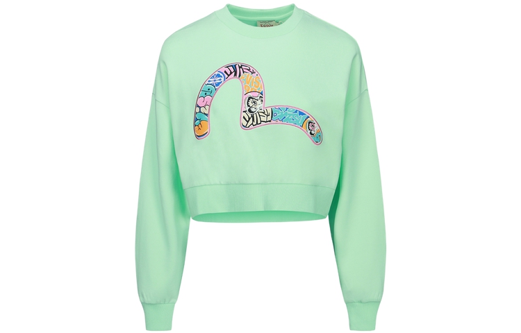 Order (Women) EVISU Cartoon Daruma & Seagull Print Cropped Sweater Apple Green 2ESHTW3SW334DPCT