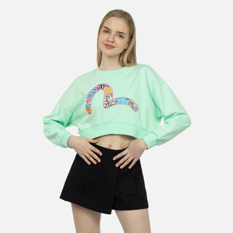 Shop (Women) EVISU Cartoon Daruma & Seagull Print Cropped Sweater Apple Green 2ESHTW3SW334DPCT