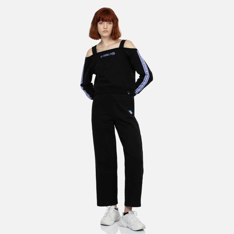 Sizing (W) EVISU KURO SS24 黑色寬版褲腿印花標誌運動褲 2ESGNW4SP6042WLCT