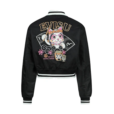 (Women) EVISU SS23 Black Embroidered Lucky Cat Short Jacket. 2ESHTW3JK735LFNY