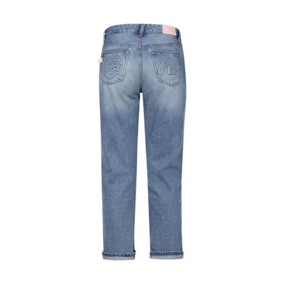 (Women) EVISU SS24 Blue Denim Jeans with Seagull & Heart Embossed Design. 2ESHTW4JE4009FFDN