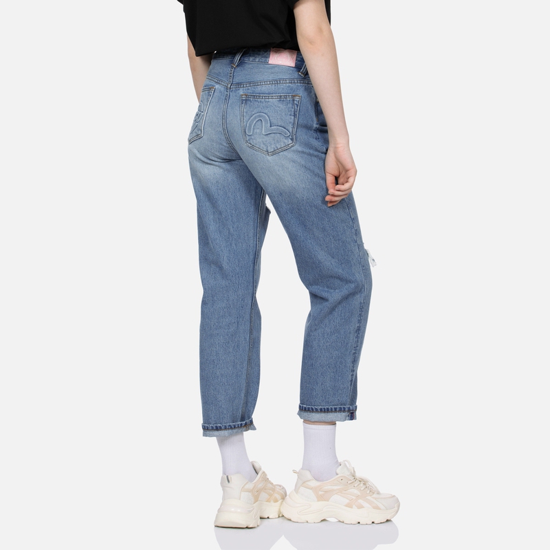 Shop (Women) EVISU SS24  Blue Denim Jeans with Seagull & Heart Embossed Design. 2ESHTW4JE4009FFDN