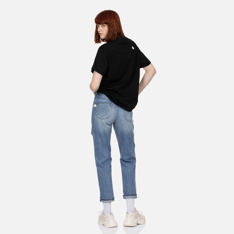 Sizing (Women) EVISU SS24  Blue Denim Jeans with Seagull & Heart Embossed Design. 2ESHTW4JE4009FFDN