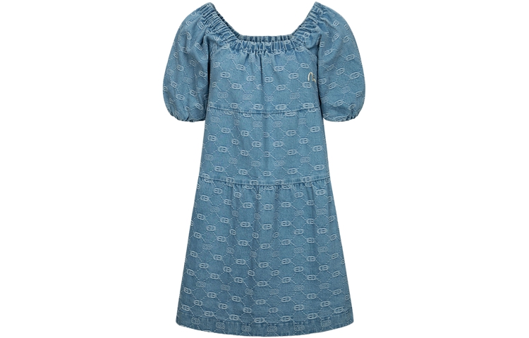 (Women) EVISU SS24  Denim Blue Jacquard Seagull Embroidered Short Sleeve Dress 2ESHTW4DR4070FFDP
